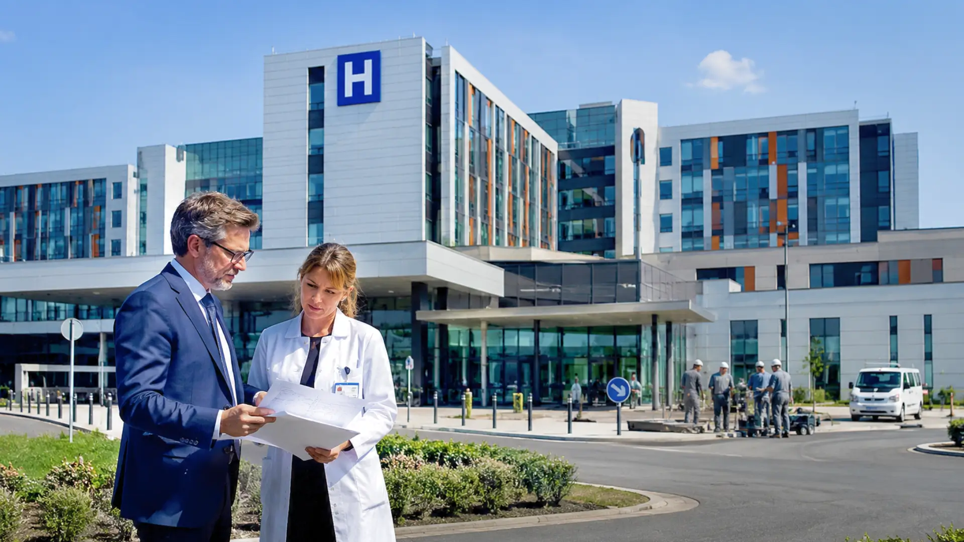 Deux responsables consultent des plans devant le Centre hospitalier Sud Francilien, symbole des surcoûts et des malfaçons du partenariat public-privé.