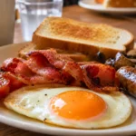 Assiette de petit-déjeuner avec œuf au plat, bacon, saucisse, tomates et champignons, illustrant le débat entre cholestérol des œufs et graisses saturées.
