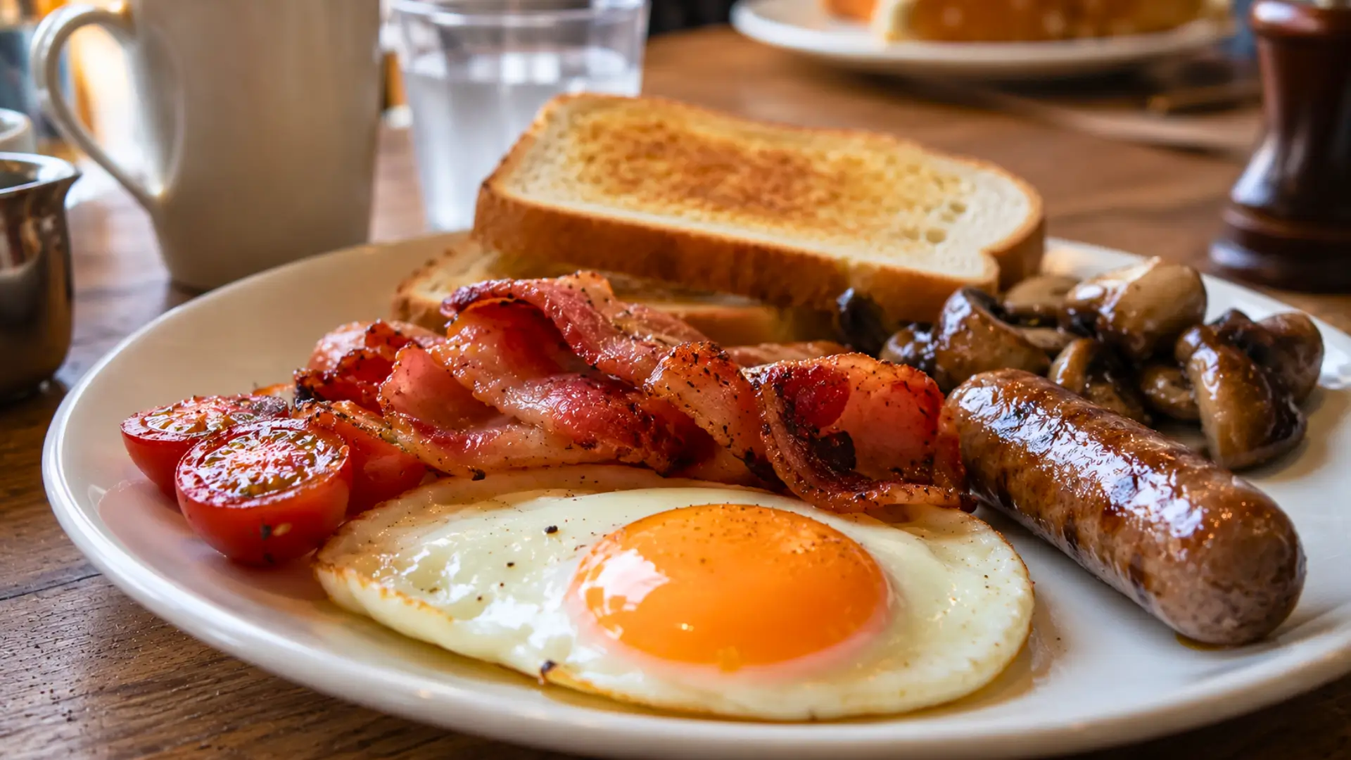 Assiette de petit-déjeuner avec œuf au plat, bacon, saucisse, tomates et champignons, illustrant le débat entre cholestérol des œufs et graisses saturées.