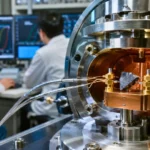 Échantillon de graphite placé dans un dispositif cryogénique de laboratoire pour étudier plusieurs états supraconducteurs sous champ magnétique.