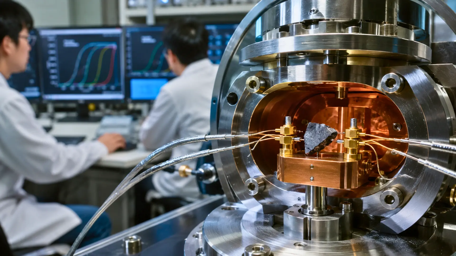 Échantillon de graphite placé dans un dispositif cryogénique de laboratoire pour étudier plusieurs états supraconducteurs sous champ magnétique.