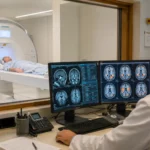 Chercheur observant des images cérébrales pendant qu’un patient âgé passe une IRM fonctionnelle.