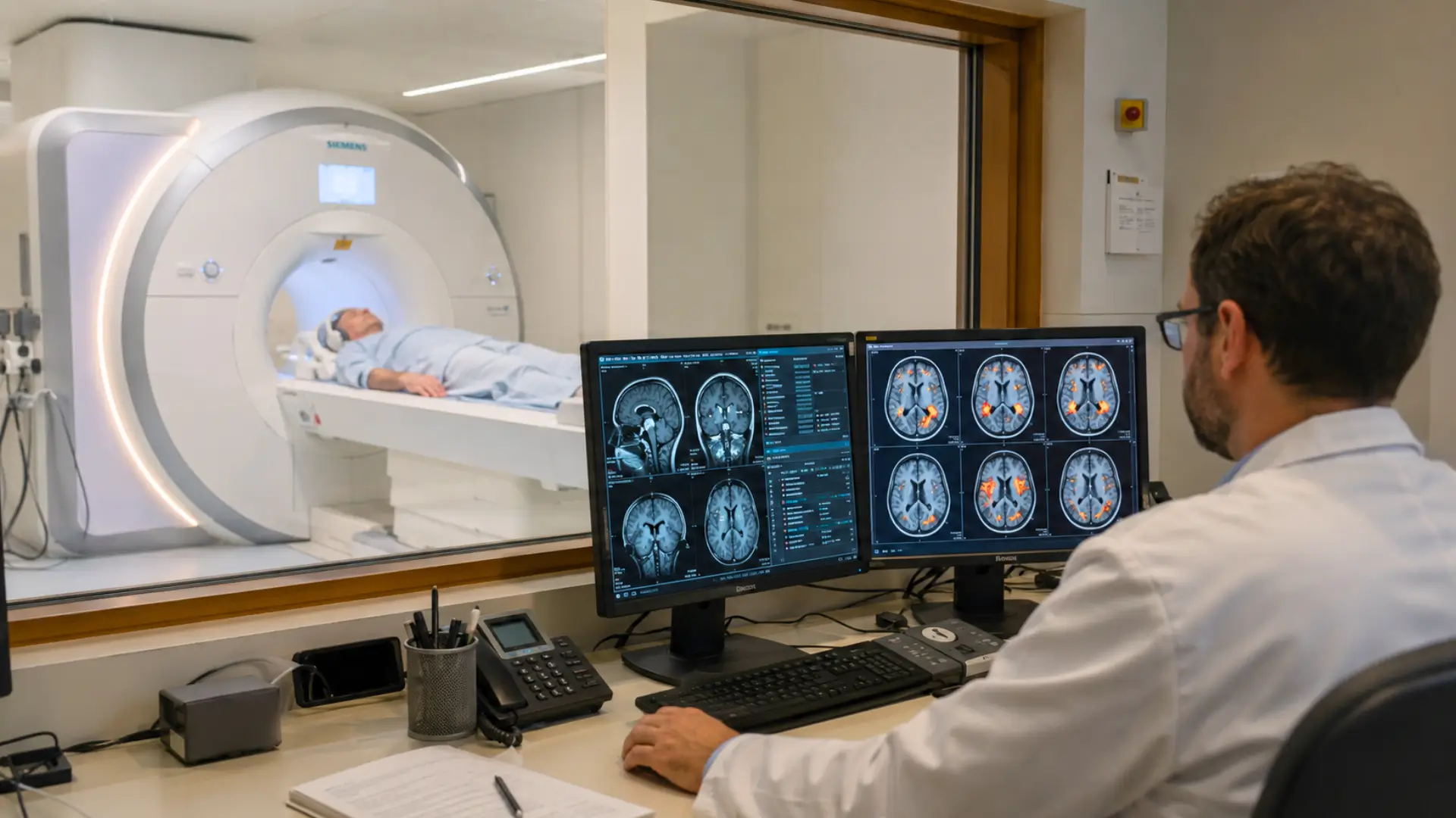 Chercheur observant des images cérébrales pendant qu’un patient âgé passe une IRM fonctionnelle.