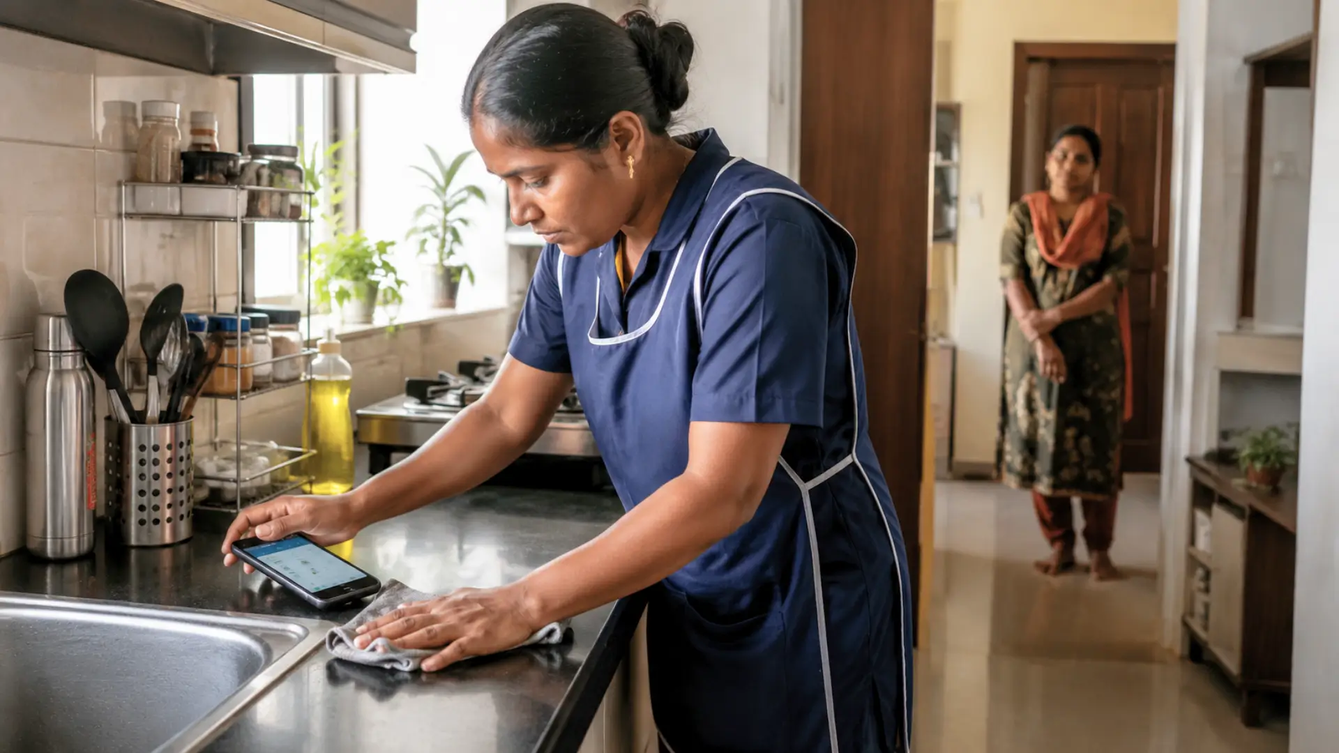 Une aide ménagère indienne nettoie une cuisine tout en consultant une mission sur son smartphone, sous le regard de la propriétaire.