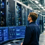 Technicien surveillant des serveurs et des écrans de contrôle dans un centre de données dédié à l’intelligence artificielle
