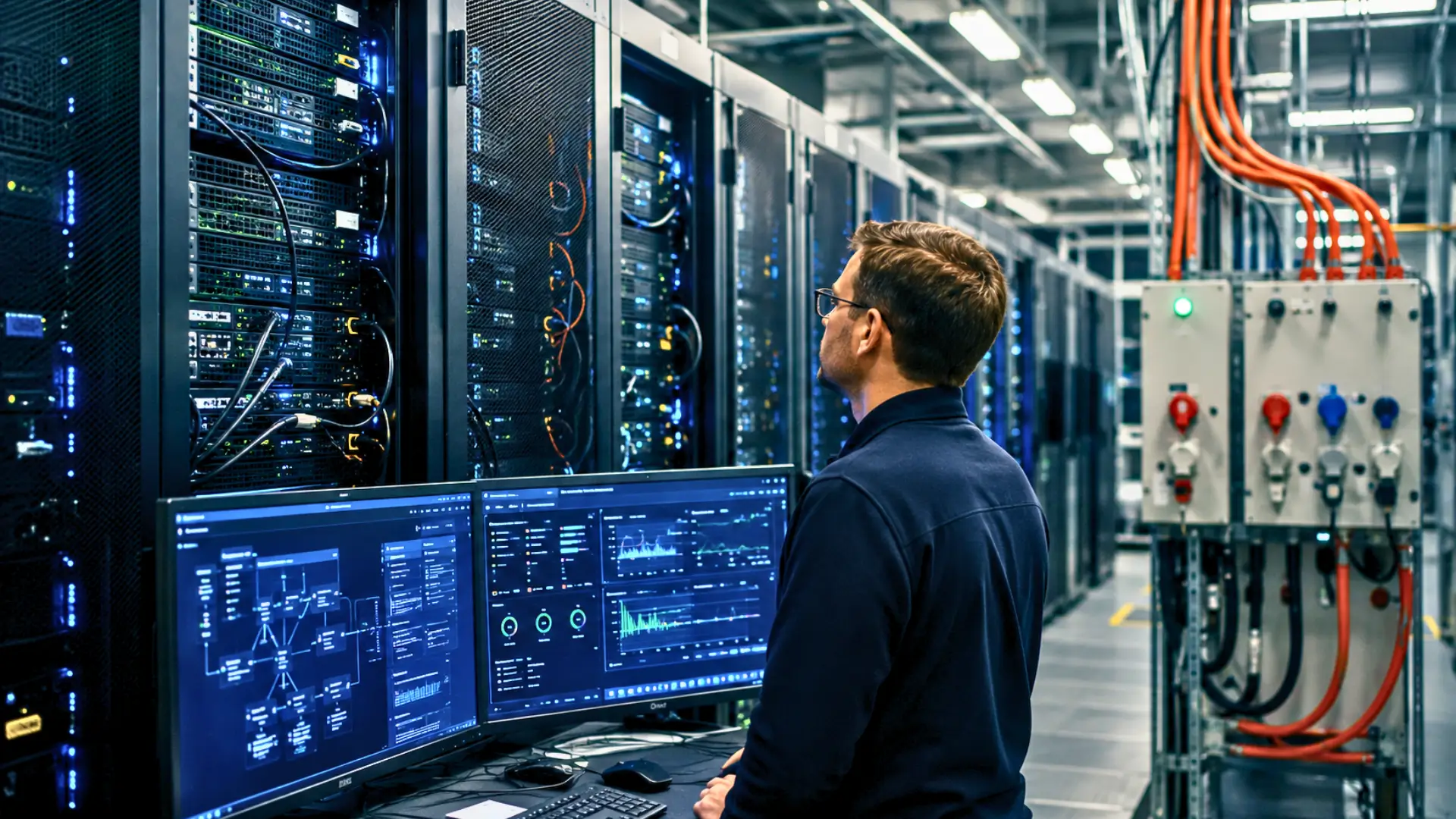 Technicien surveillant des serveurs et des écrans de contrôle dans un centre de données dédié à l’intelligence artificielle