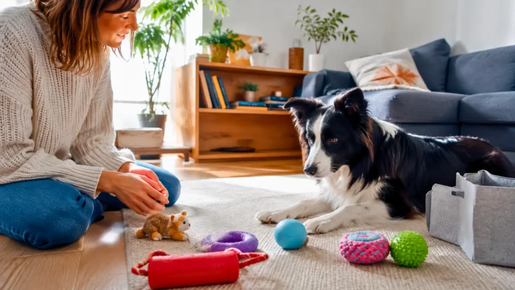 Border collie observant attentivement plusieurs jouets colorés posés sur un tapis dans un salon lumineux, près de sa maîtresse.