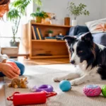Border collie observant attentivement plusieurs jouets colorés posés sur un tapis dans un salon lumineux, près de sa maîtresse.