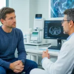 Patient de moins de 50 ans échangeant avec un médecin dans un cabinet d’oncologie devant une image médicale.