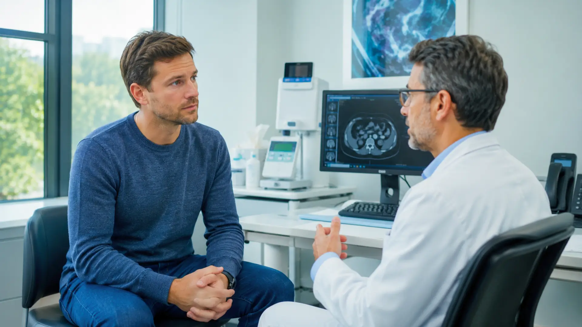 Patient de moins de 50 ans échangeant avec un médecin dans un cabinet d’oncologie devant une image médicale.
