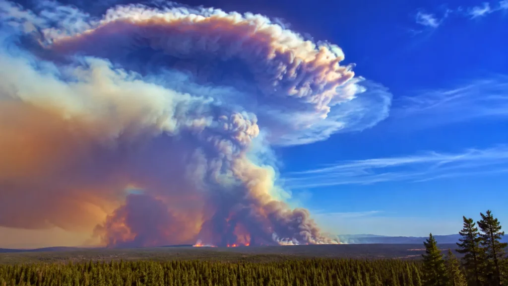 Immense panache de fumée formé par un mégafeu au-dessus d’une vaste forêt