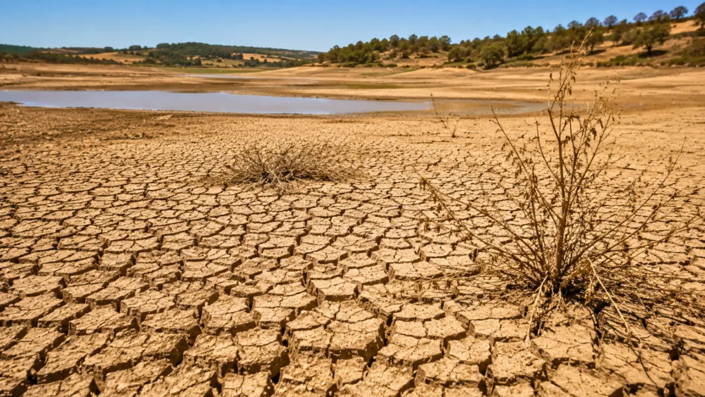 Sol profondément craquelé autour d’une réserve d’eau presque asséchée lors d’une sécheresse extrême.