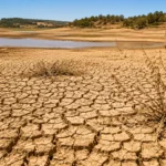 Sol profondément craquelé autour d’une réserve d’eau presque asséchée lors d’une sécheresse extrême.