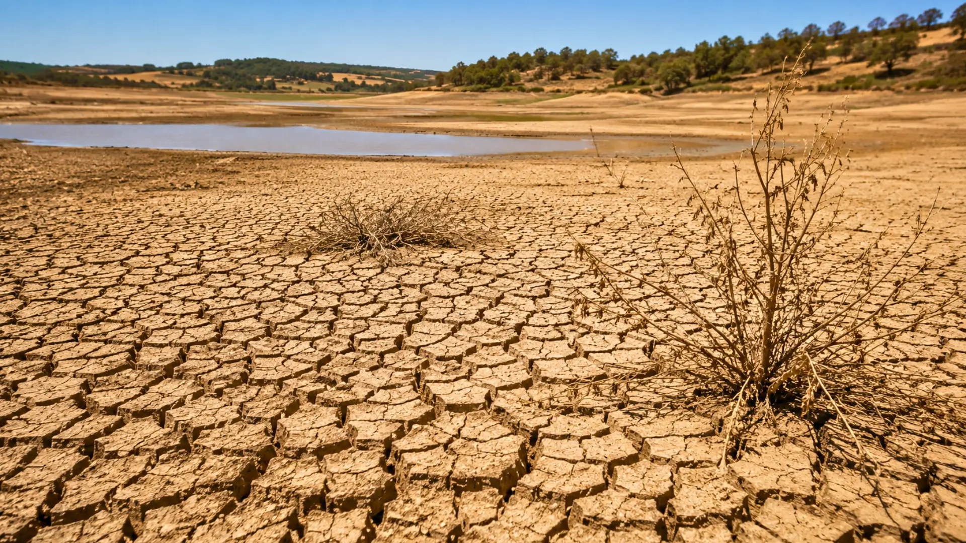 Sol profondément craquelé autour d’une réserve d’eau presque asséchée lors d’une sécheresse extrême.