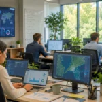 Ingénieure travaillant dans un bureau d’étude sur des données climatiques, des cartes et des indicateurs environnementaux affichés sur plusieurs écrans.
