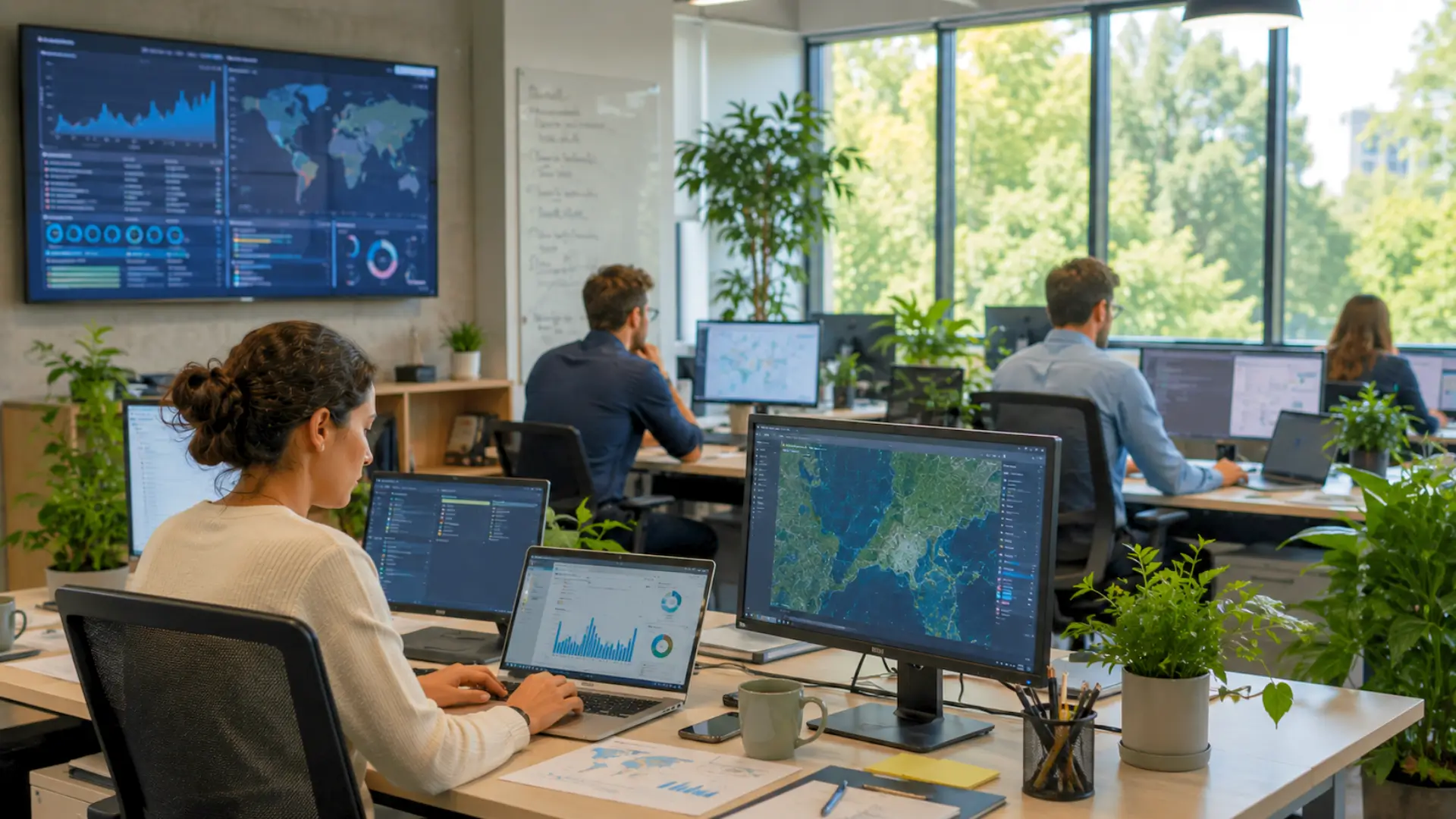 Ingénieure travaillant dans un bureau d’étude sur des données climatiques, des cartes et des indicateurs environnementaux affichés sur plusieurs écrans.