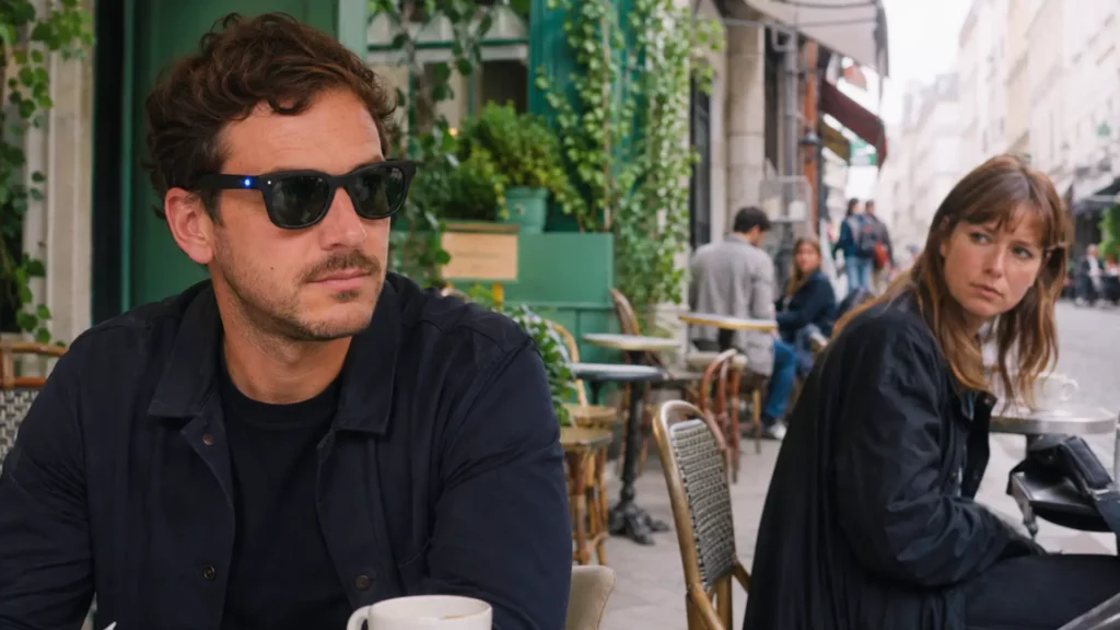 Homme portant des lunettes connectées avec voyant d’enregistrement dans un café, observé par une femme assise à proximité.