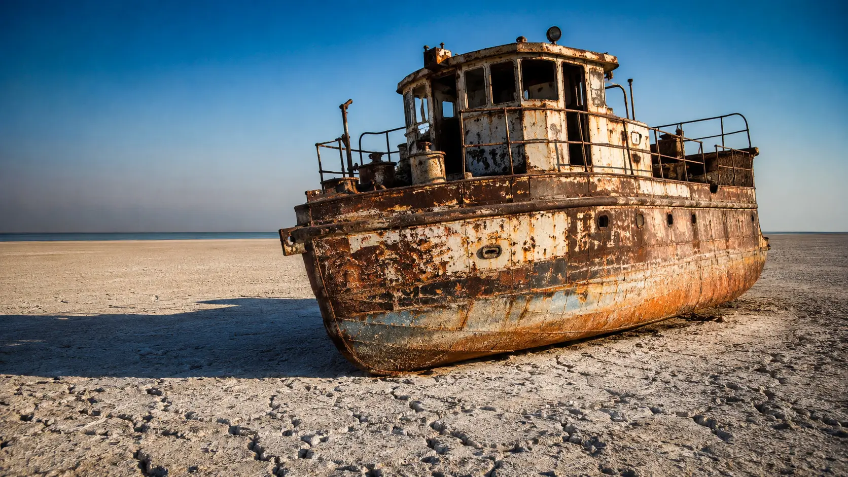 Un bateau rouillé abandonné repose sur le lit asséché et craquelé de la mer d’Aral, au milieu d’un vaste désert salin.