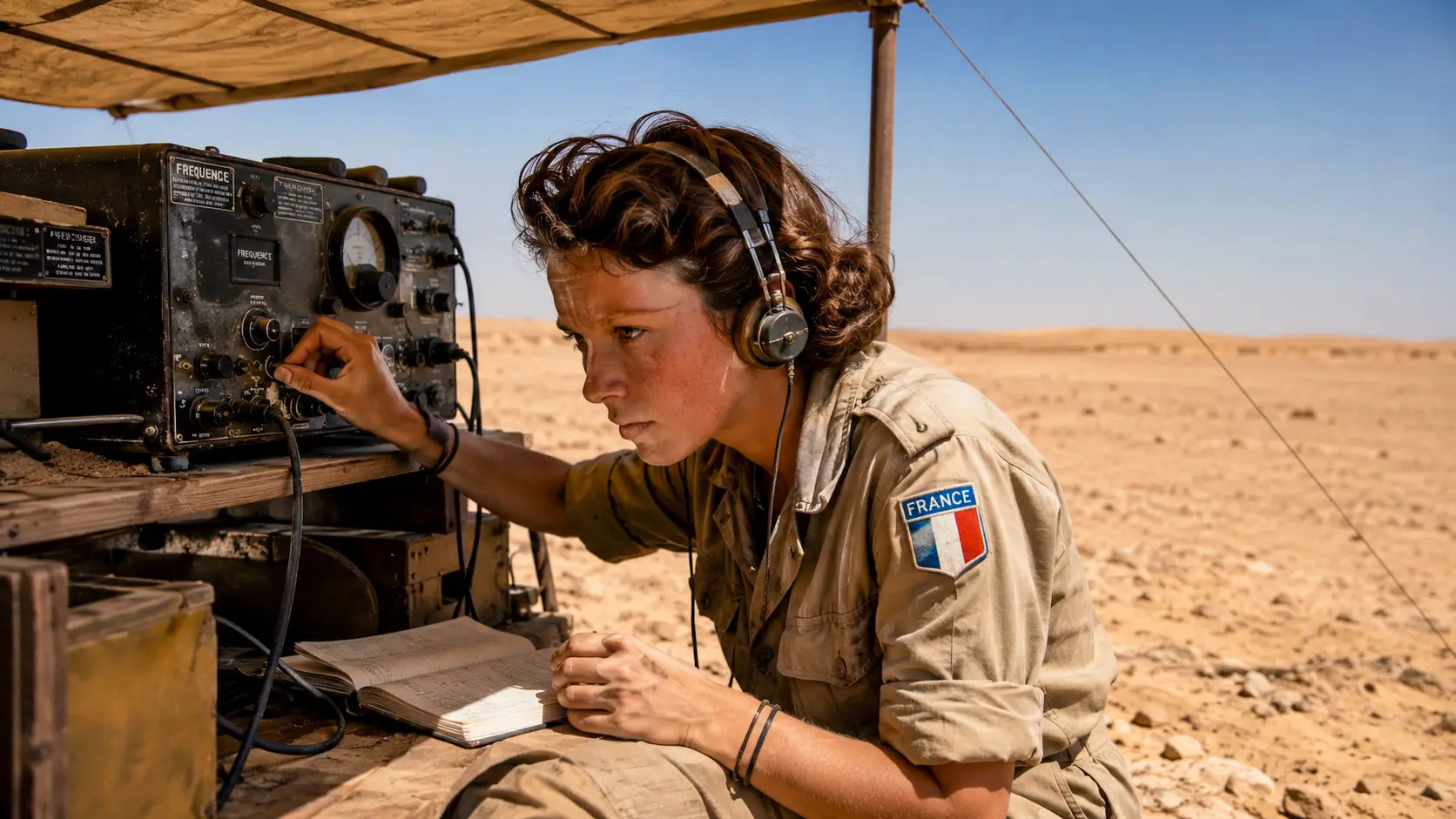 Une opératrice radio française écoute et règle un poste militaire dans le désert nord-africain en 1942.