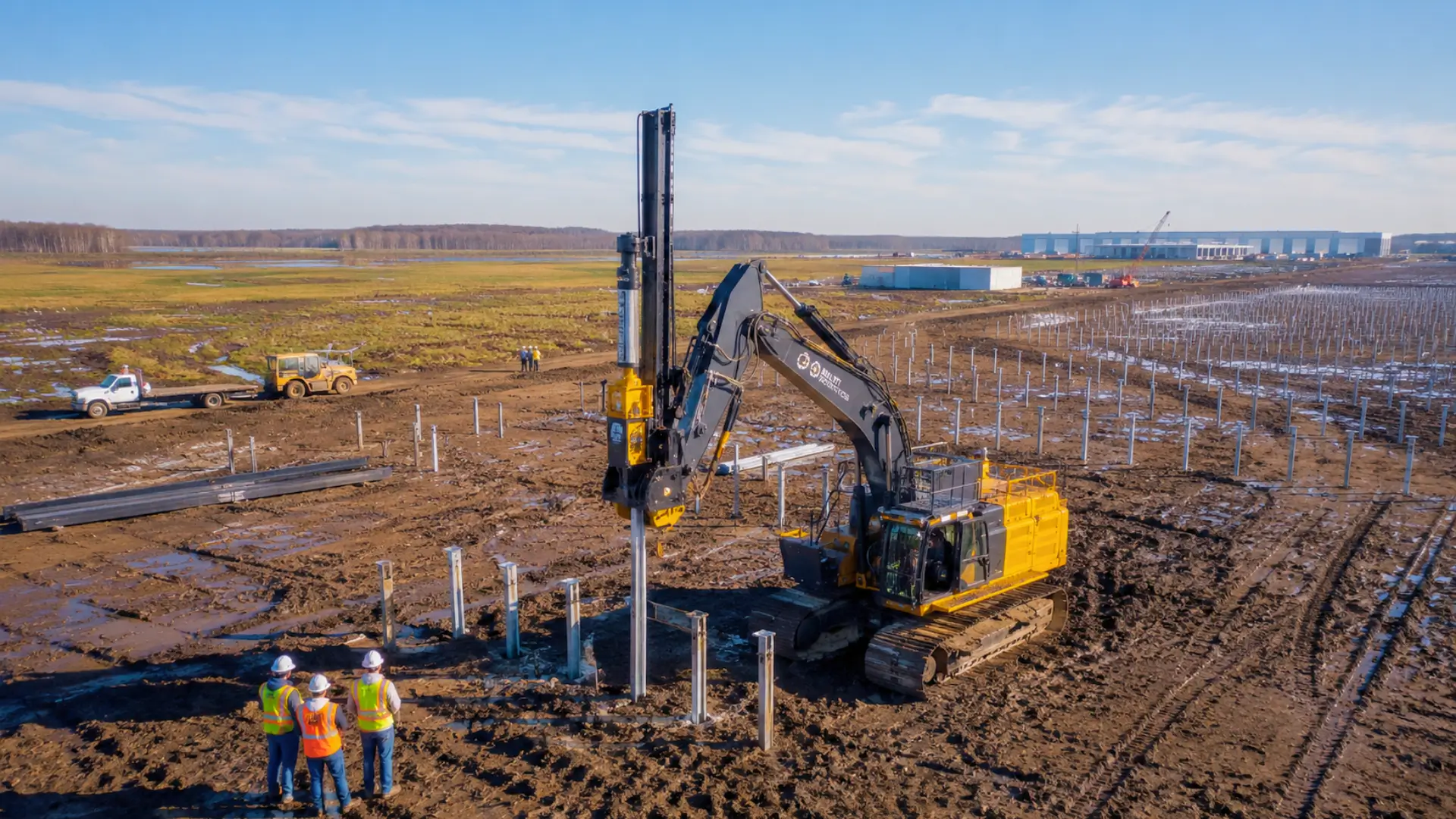 Robot de chantier autonome installant des pieux métalliques sur une ferme solaire en construction en Louisiane, avec un data center Meta en arrière-plan.