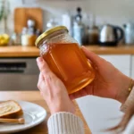 Une femme tient et examine un pot de miel dans une cuisine, près d’une tasse, d’une tartine et d’un repose-miel.