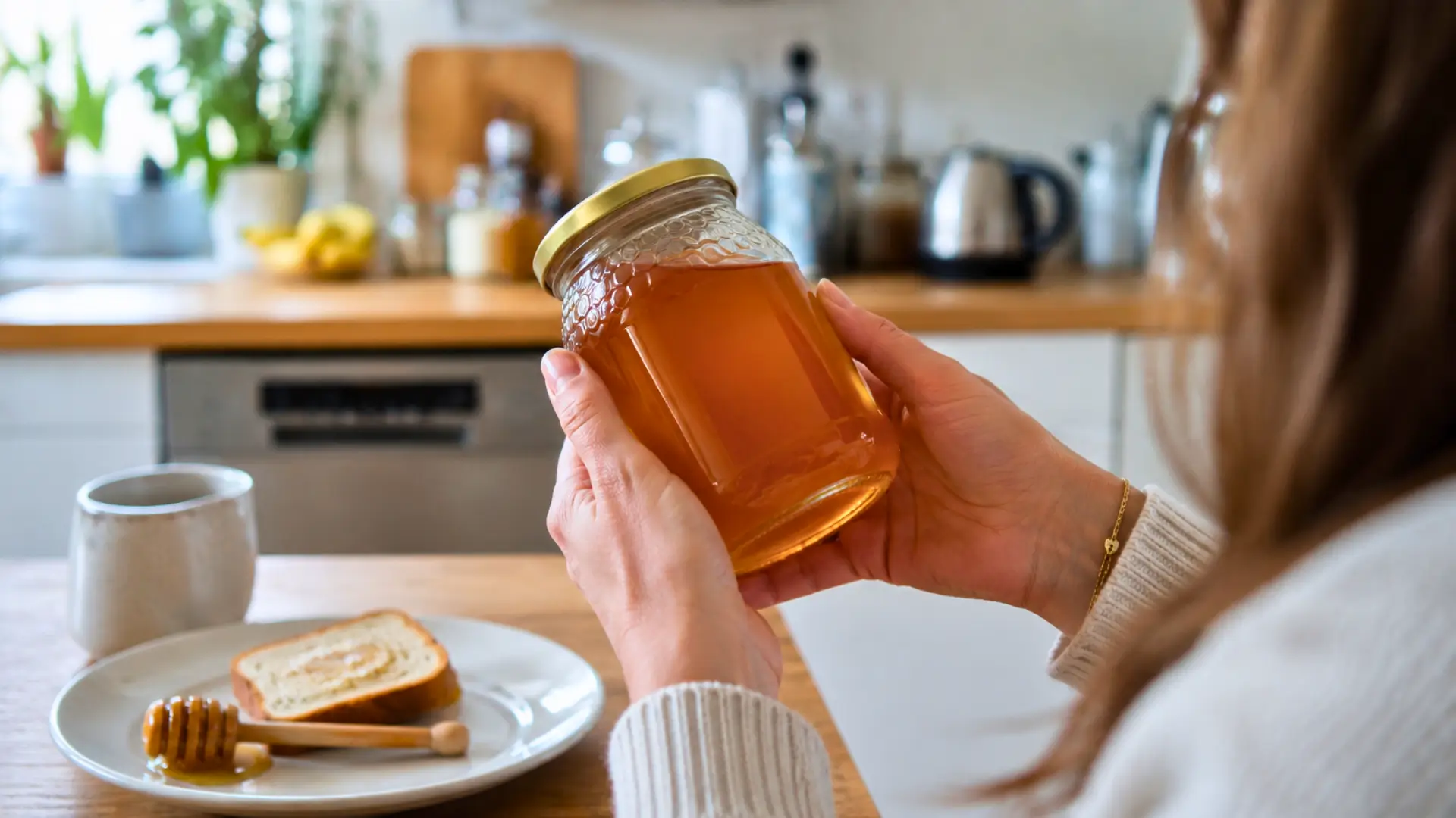 Une femme tient et examine un pot de miel dans une cuisine, près d’une tasse, d’une tartine et d’un repose-miel.