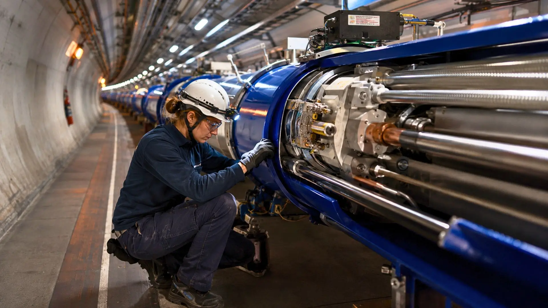 Une technicienne inspecte un aimant supraconducteur bleu dans le tunnel souterrain du Grand collisionneur de hadrons au Cern.