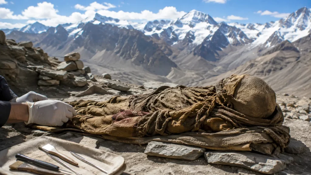 Une momie inca repose sur un site archéologique en haute montagne dans les Andes.