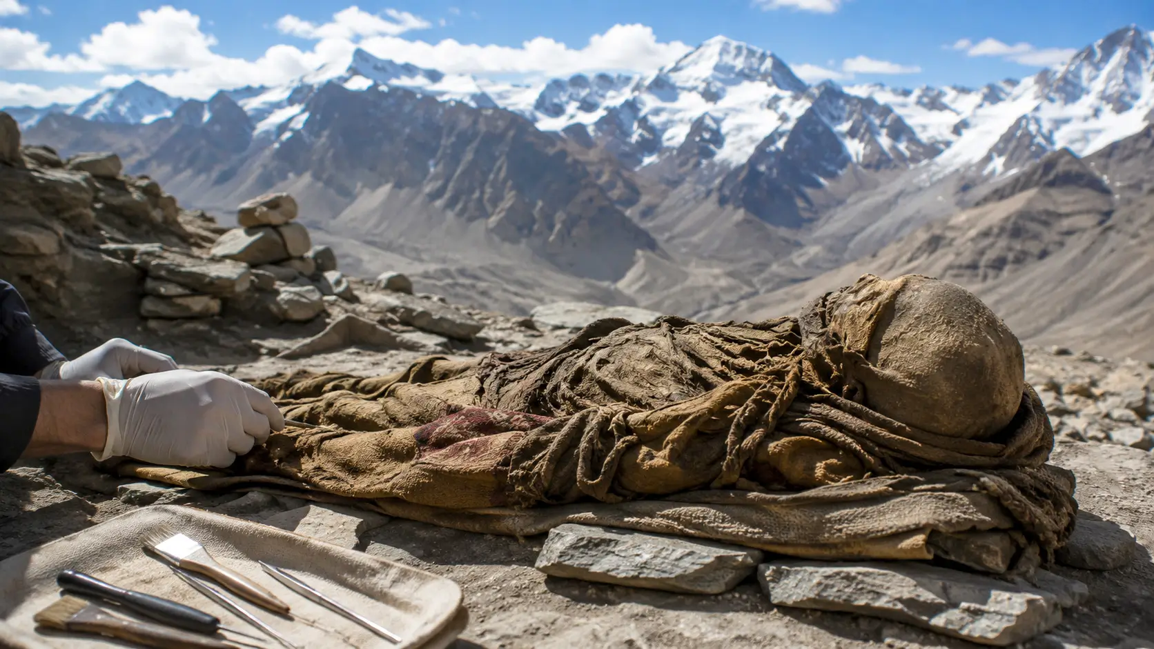Une momie inca repose sur un site archéologique en haute montagne dans les Andes.