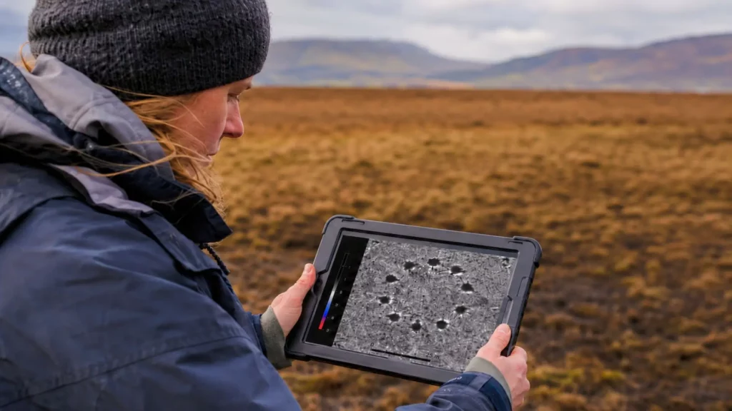 Une archéologue observe sur une tablette une carte géophysique révélant un cercle préhistorique enfoui sous la tourbe à Machrie Moor, en Écosse.