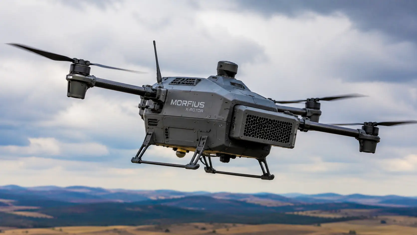 Le drone militaire Morfius X-Rotor de Lockheed Martin vole au-dessus d’un terrain d’essai sous un ciel nuageux.