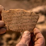 Un fragment de céramique inscrit est tenu entre des mains poussiéreuses sur un site de fouilles en Égypte.