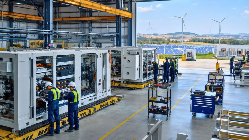Techniciens assemblant des batteries sodium-ion industrielles dans une usine moderne, avec panneaux solaires et éoliennes en arrière-plan.