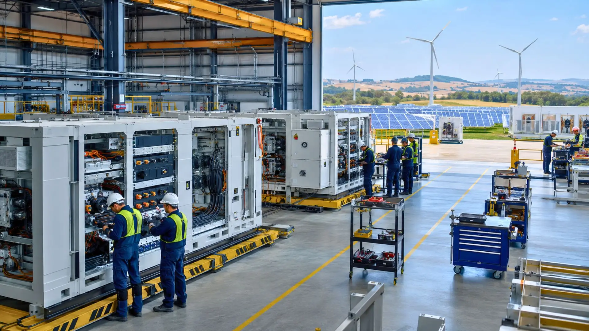 Techniciens assemblant des batteries sodium-ion industrielles dans une usine moderne, avec panneaux solaires et éoliennes en arrière-plan.