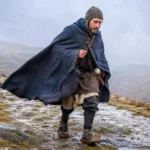 Un pèlerin vêtu d’une cape en laine médiévale marche sur un sentier rocheux et brumeux du Massif Central.