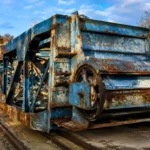 L’ancienne machine bleue et rouillée de la pente d’eau de Fonseranes, abandonnée sur ses rails près du canal du Midi.