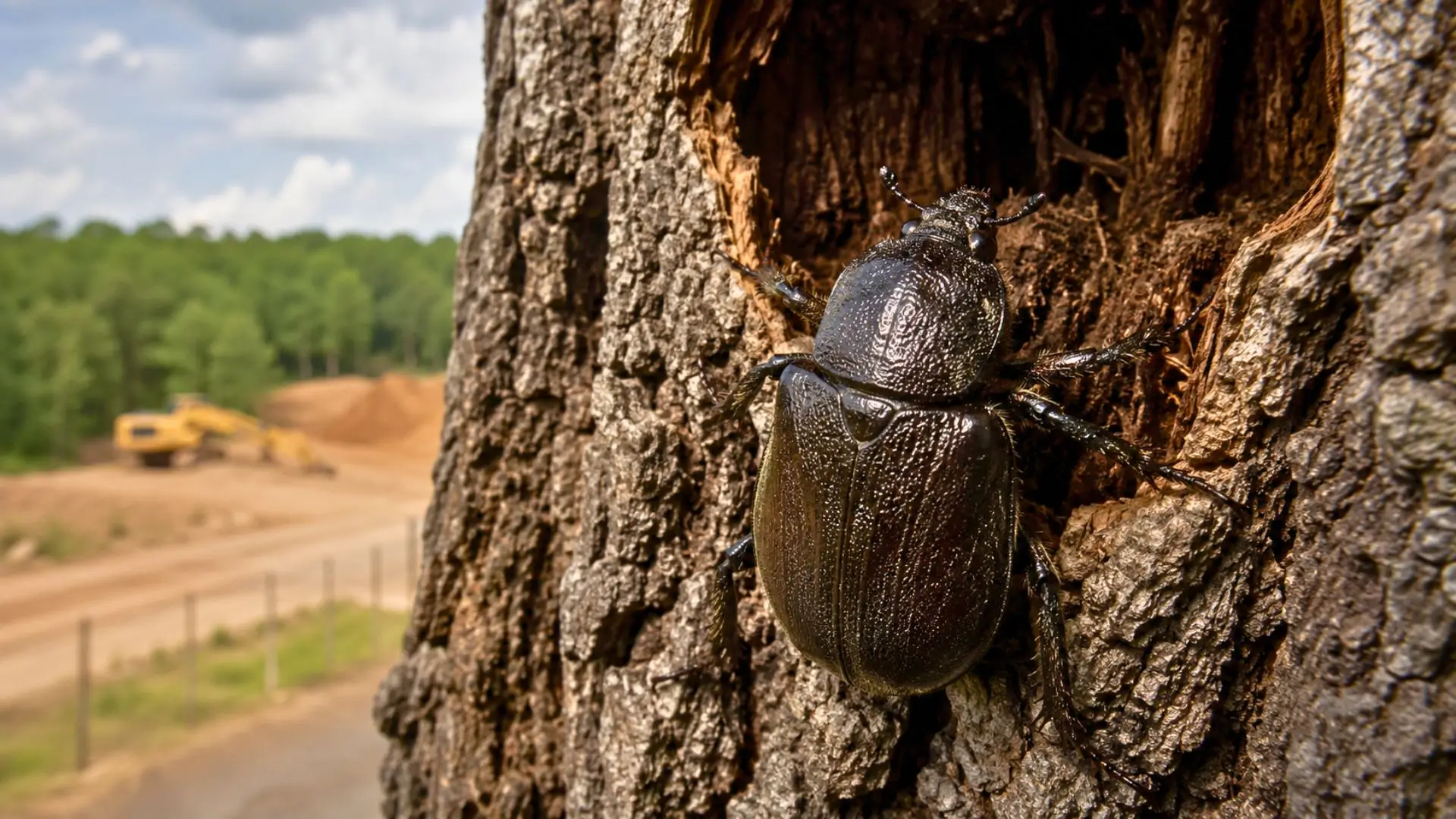 Un pique-prune accroché à l’écorce d’un vieil arbre, avec un chantier d’autoroute et une pelleteuse flous en arrière-plan.