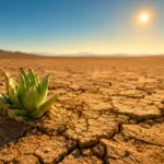 Une plante succulente pousse seule dans une terre craquelée sous un soleil intense, symbole de la résistance du vivant face au réchauffement futur de la Terre.