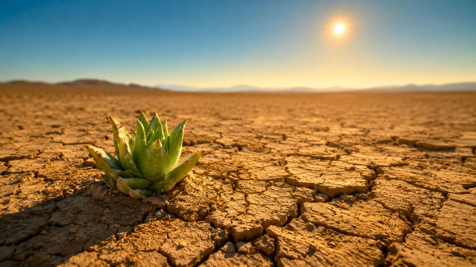 Une plante succulente pousse seule dans une terre craquelée sous un soleil intense, symbole de la résistance du vivant face au réchauffement futur de la Terre.