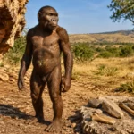 Reconstitution réaliste d’un Paranthropus robustus debout près d’une grotte en Afrique du Sud, avec des outils en pierre et en os au premier plan.