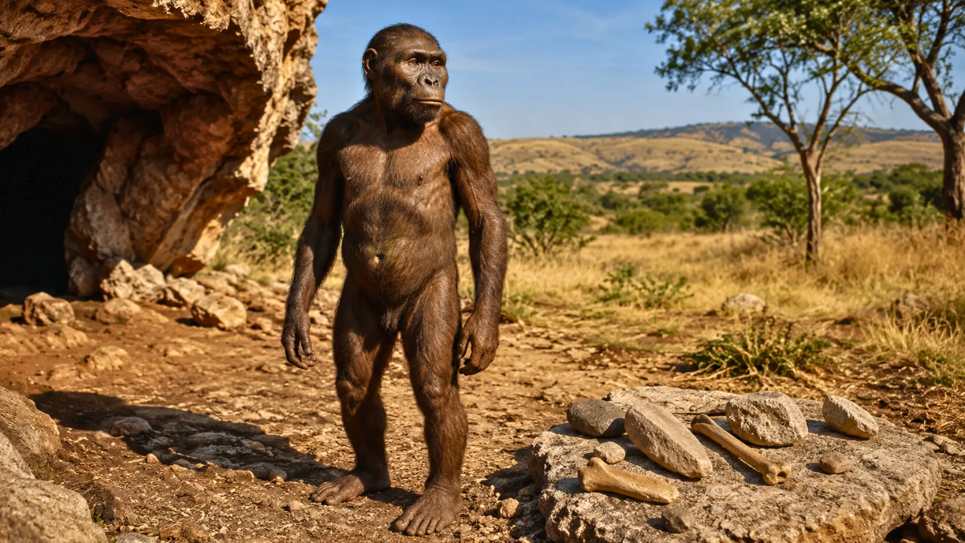 Reconstitution réaliste d’un Paranthropus robustus debout près d’une grotte en Afrique du Sud, avec des outils en pierre et en os au premier plan.
