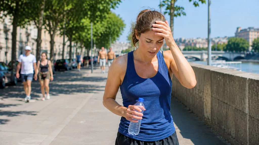 Femme sportive éprouvée par la chaleur, tenant une bouteille d’eau sur une promenade urbaine ensoleillée.