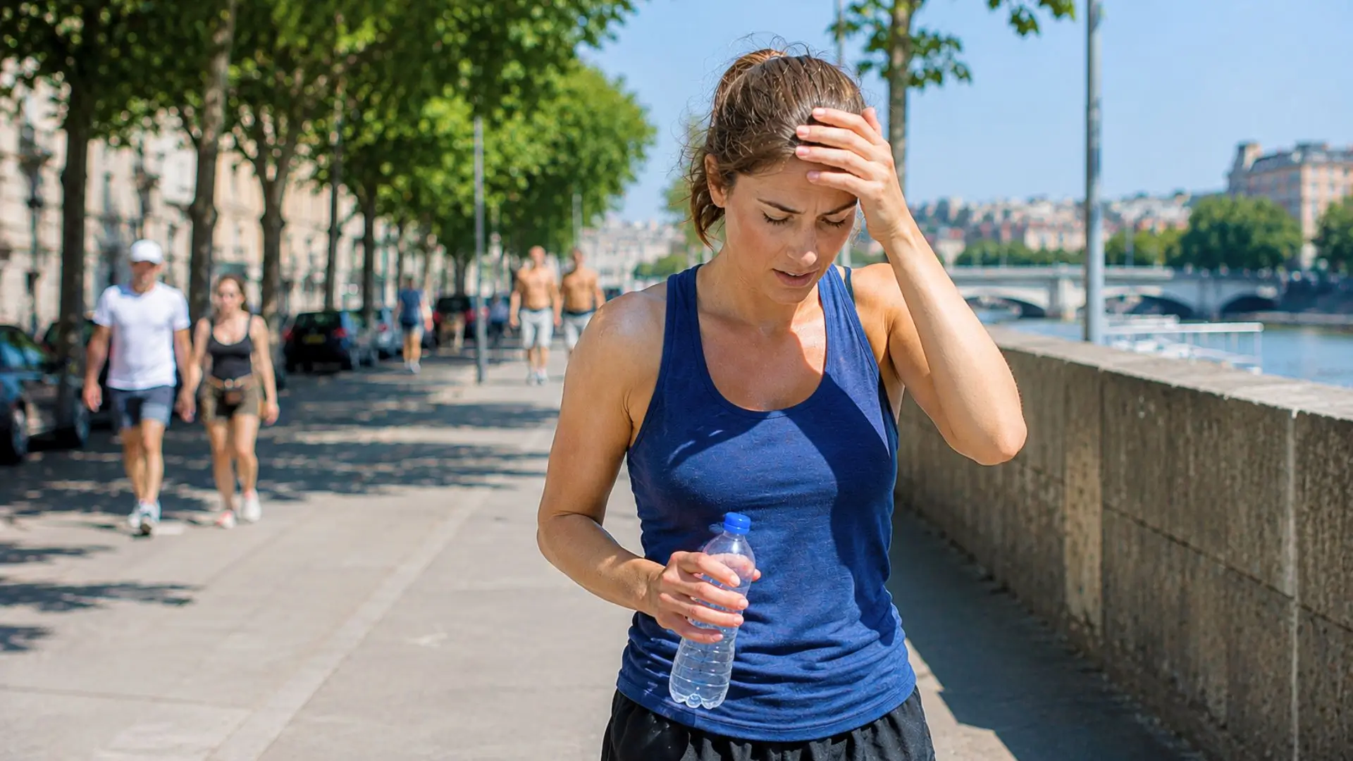 Femme sportive éprouvée par la chaleur, tenant une bouteille d’eau sur une promenade urbaine ensoleillée.