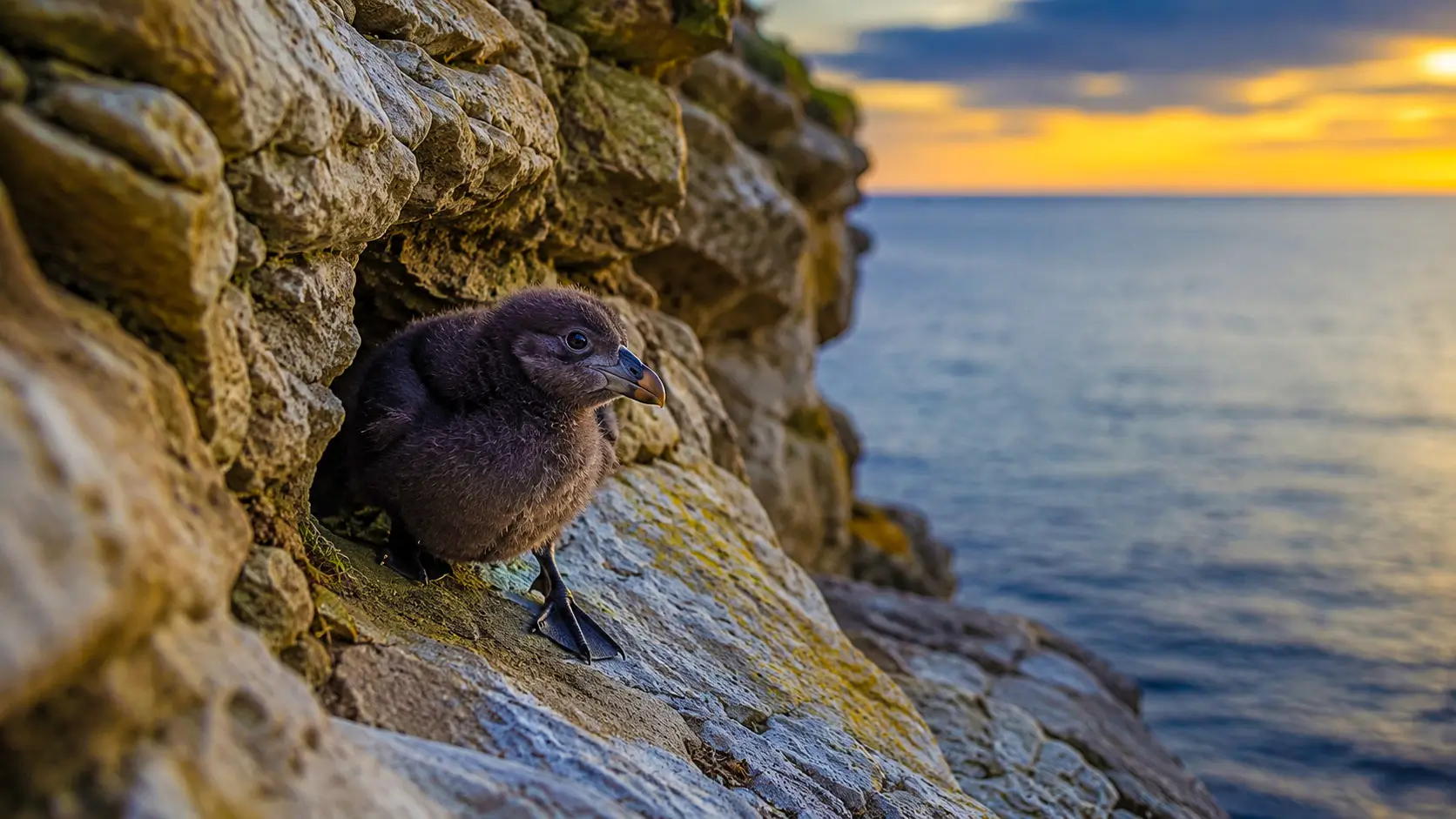 Un jeune poussin macareux sort prudemment d’une cavité rocheuse face à la mer sur les falaises du Dorset.