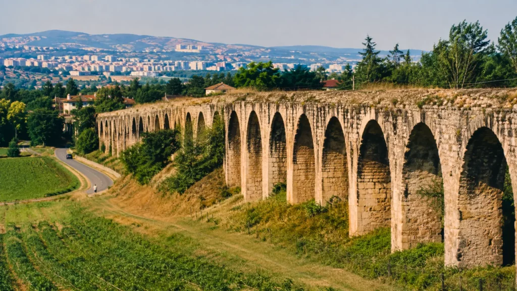 Vestiges de l’aqueduc romain du Gier à Chaponost, avec ses arches en pierre dominant un paysage rural près de Lyon.