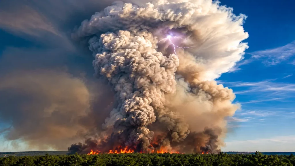 Un immense pyrocumulonimbus chargé de fumée et traversé par la foudre s’élève au-dessus d’un incendie de forêt en Gironde.