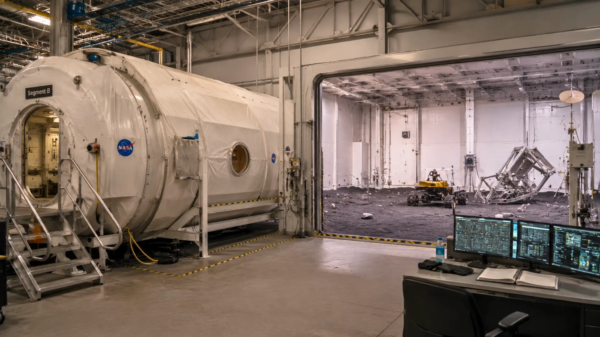 Habitat de simulation de la NASA au Johnson Space Center avec module fermé, zone de sol simulé et poste de contrôle pour une mission analogique vers la Lune et Mars.