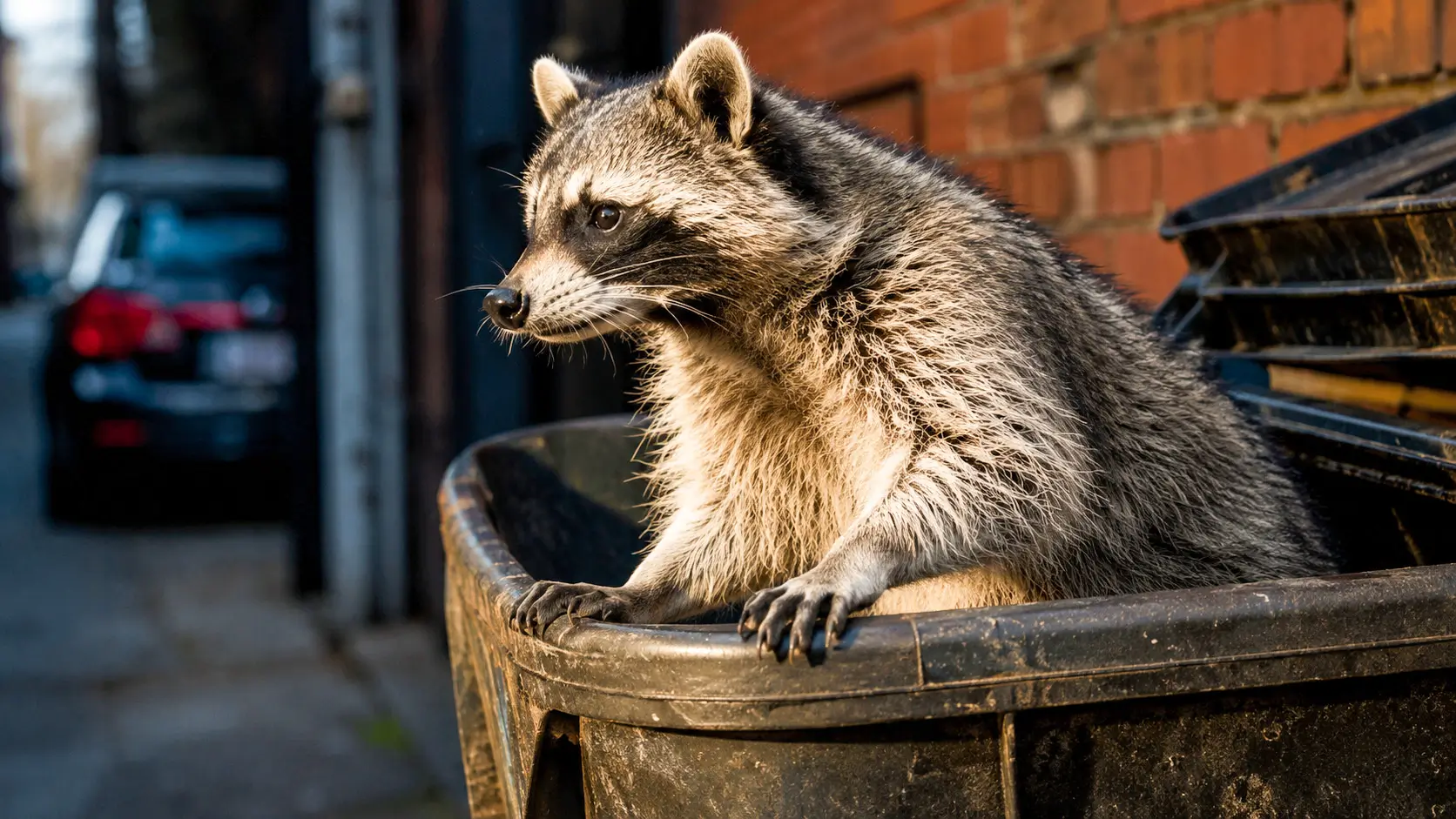 Un raton laveur urbain observe son environnement depuis une poubelle dans une ruelle, illustrant son adaptation croissante aux villes.