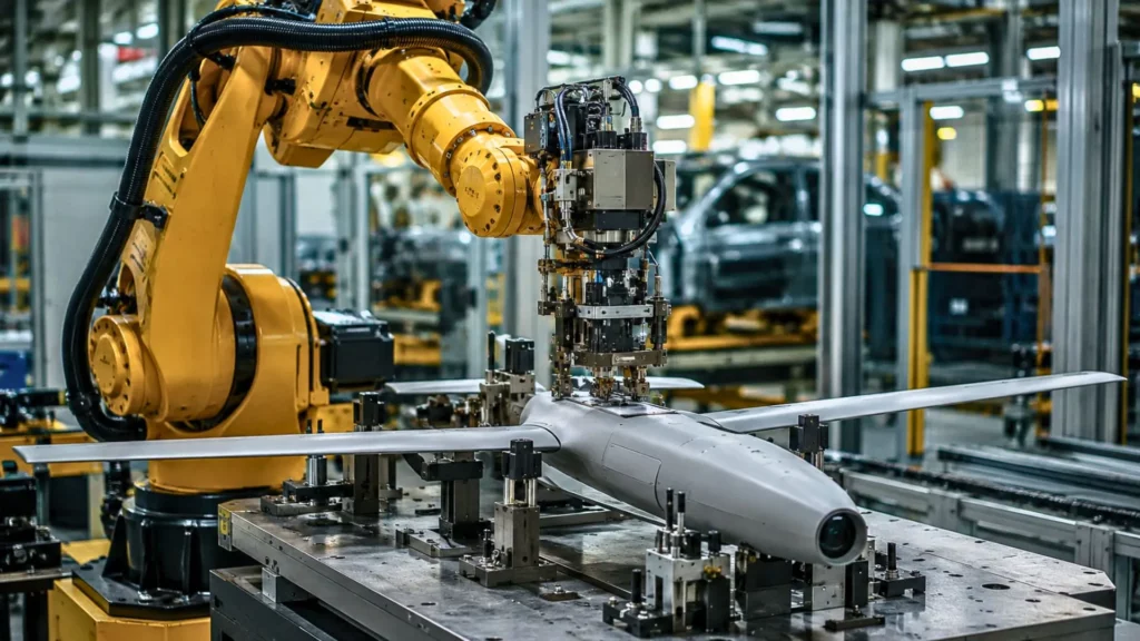 Un bras robotisé industriel assemble un drone militaire gris sur une ligne de production automobile.