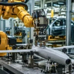 Un bras robotisé industriel assemble un drone militaire gris sur une ligne de production automobile.